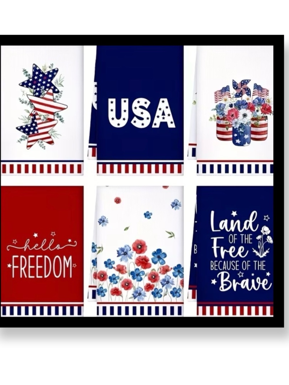 🆕 6 pack Patriotic USA Kitchen Towels - Red White Blue Floral & Stars Set